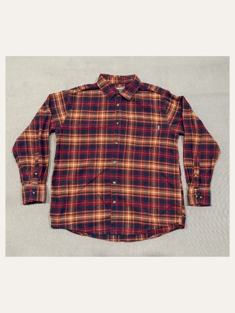 Eddie Bauer Large Plaid Flannel Shirt Burgundy Orange Navy Cotton